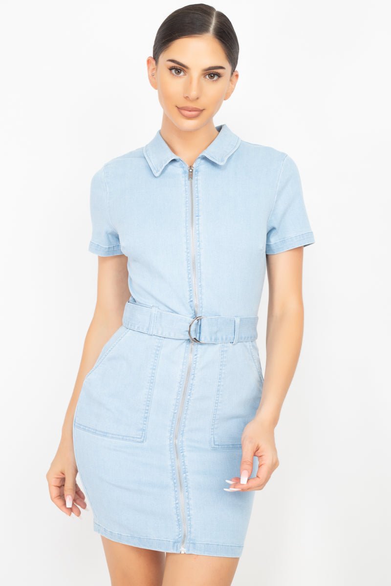 Belted Bodycon Collared Denim Dress - Loulou Boutique