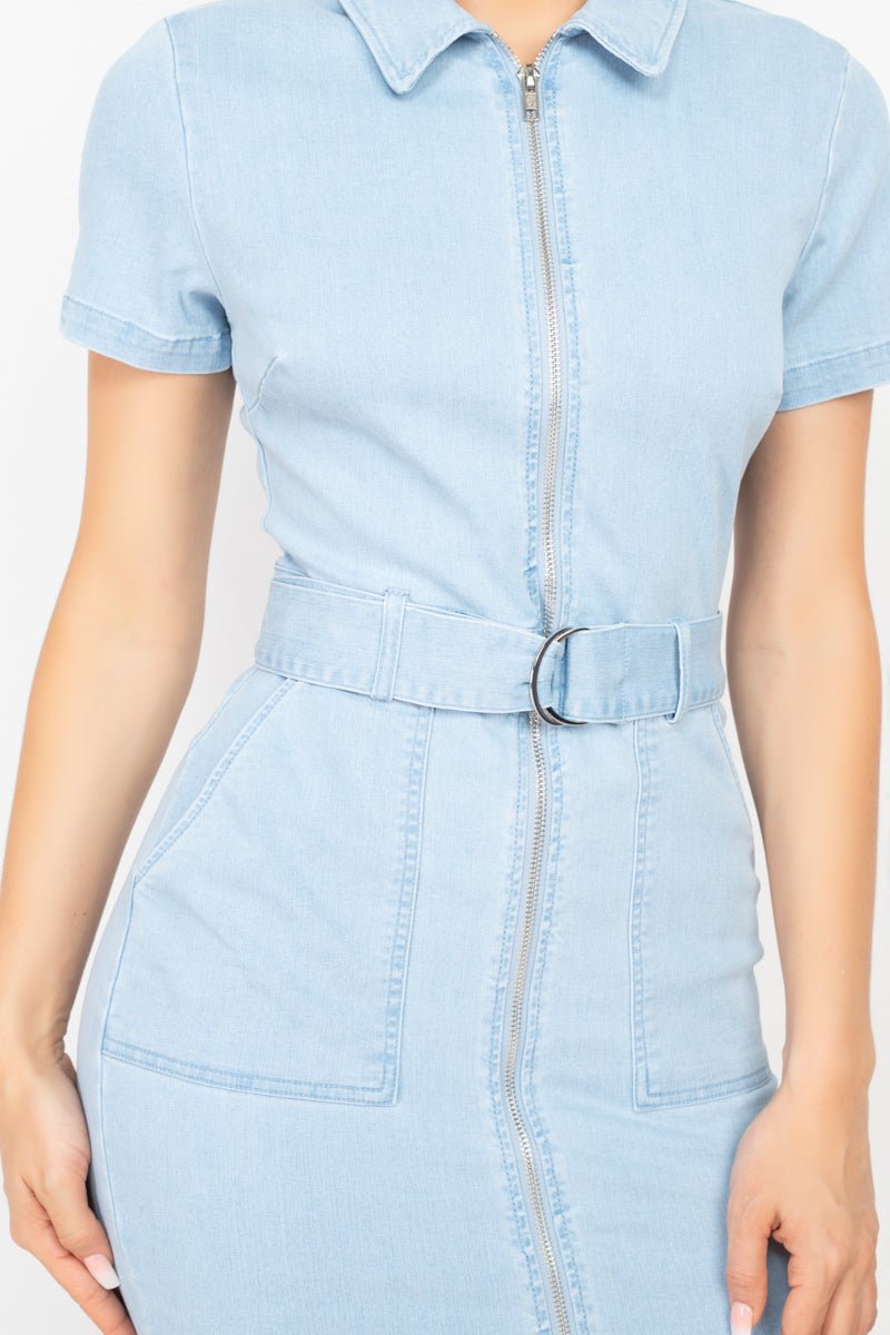 Belted Bodycon Collared Denim Dress - Loulou Boutique