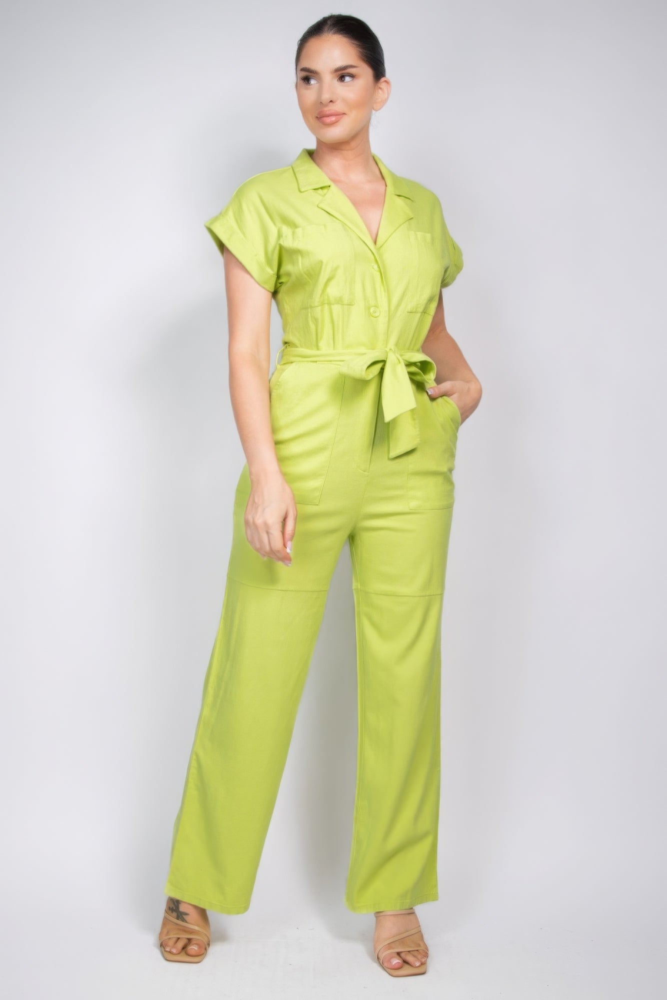 Belted Button - down Linen Jumpsuit - Loulou Boutique