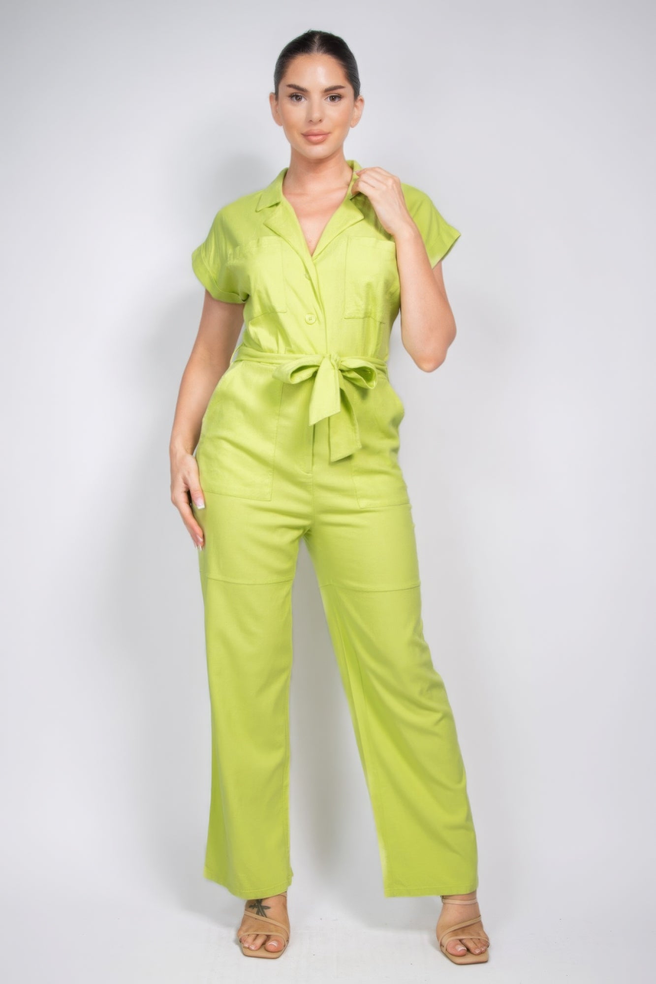 Belted Button - down Linen Jumpsuit - Loulou Boutique