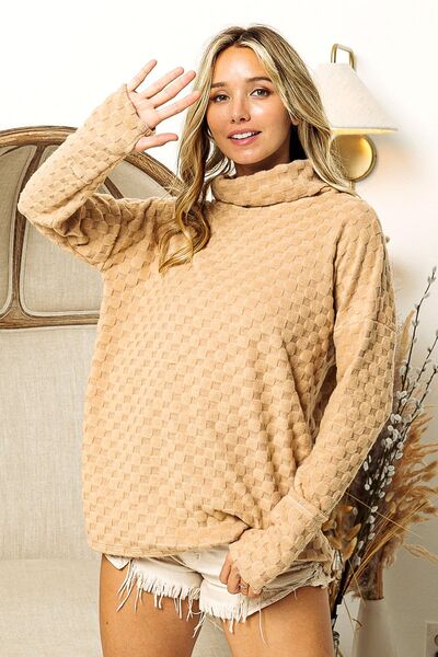 BiBi Checkered Round Neck Thumbhole Long Sleeve Top - Loulou Boutique