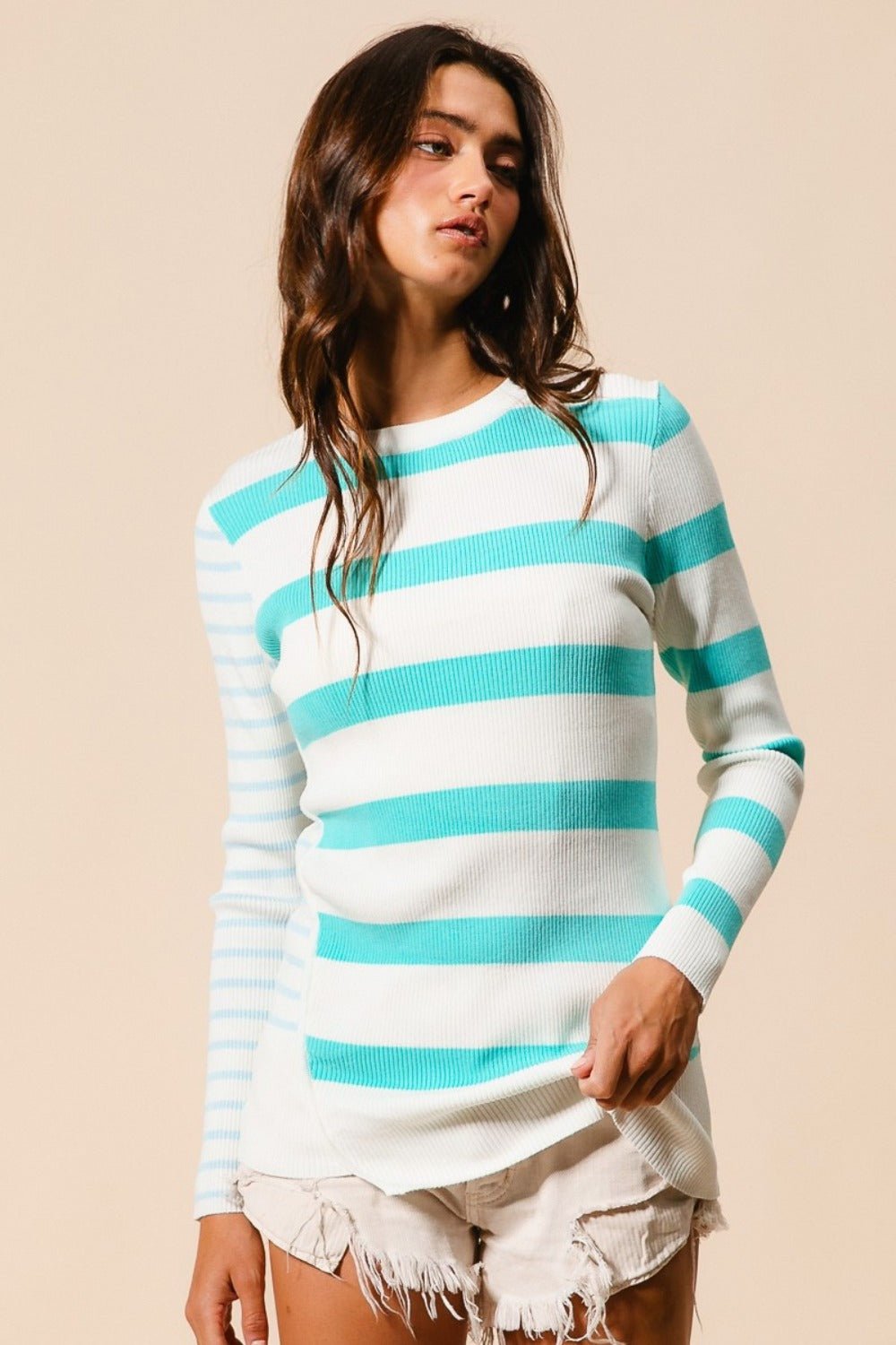 BiBi Contrast Striped Asymmetrical Hem Knit Top - Loulou Boutique