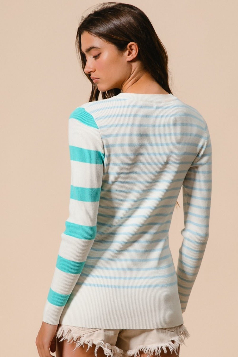 BiBi Contrast Striped Asymmetrical Hem Knit Top - Loulou Boutique