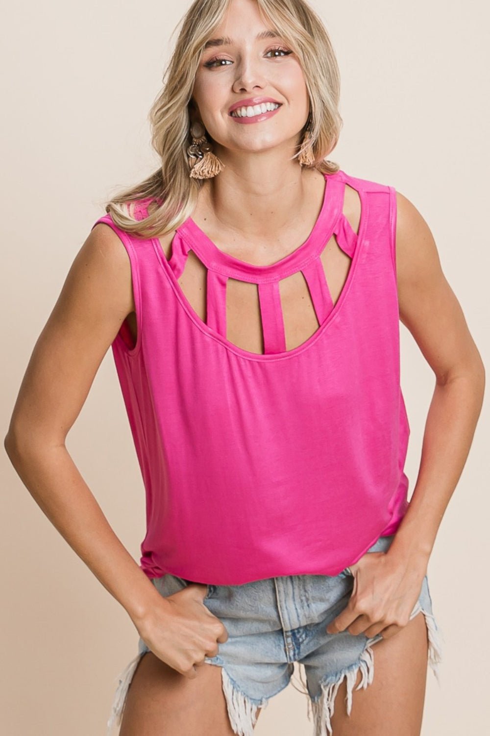 BiBi Cutout Round Neck Sleeveless Top - Loulou Boutique