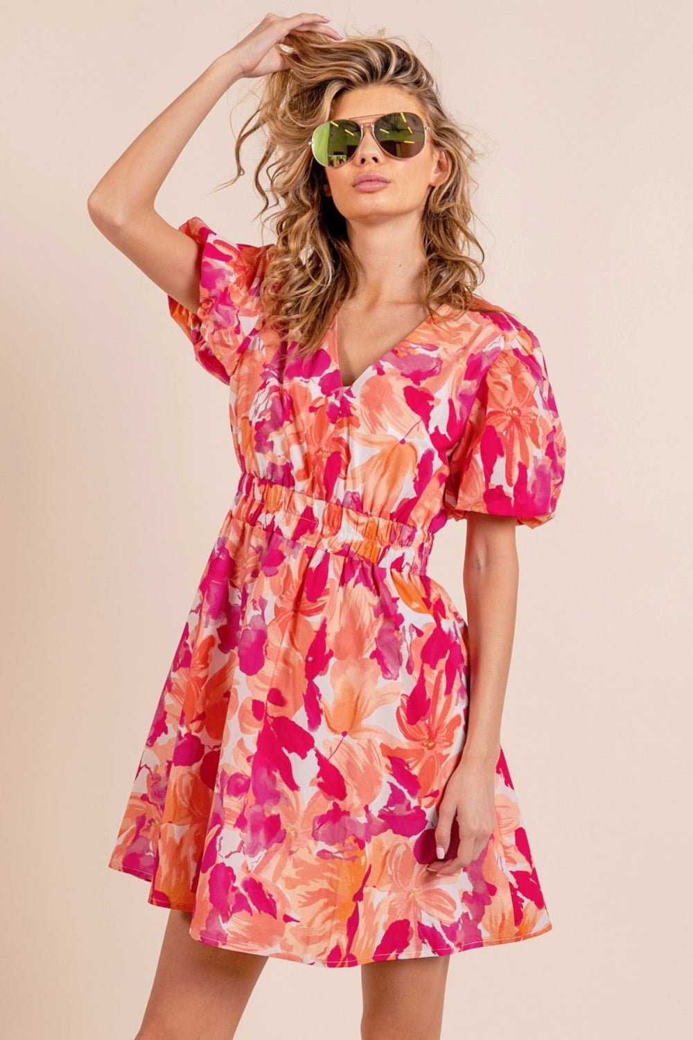 BiBi Floral V-Neck Puff Sleeve Mini Dress - Loulou Boutique