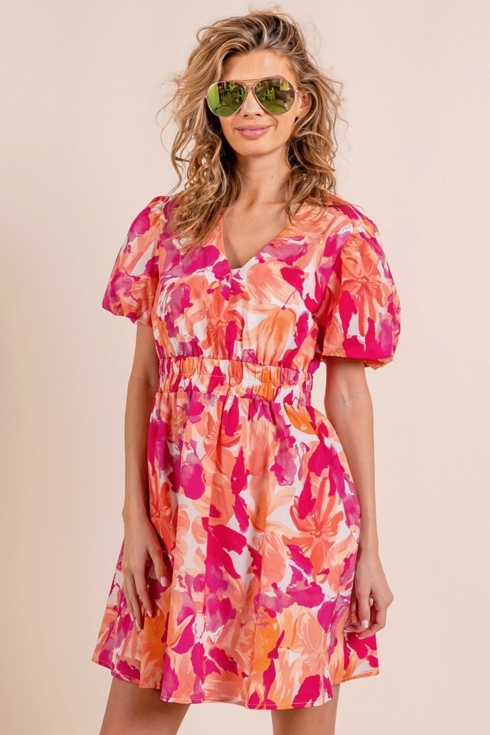 BiBi Floral V-Neck Puff Sleeve Mini Dress - Loulou Boutique