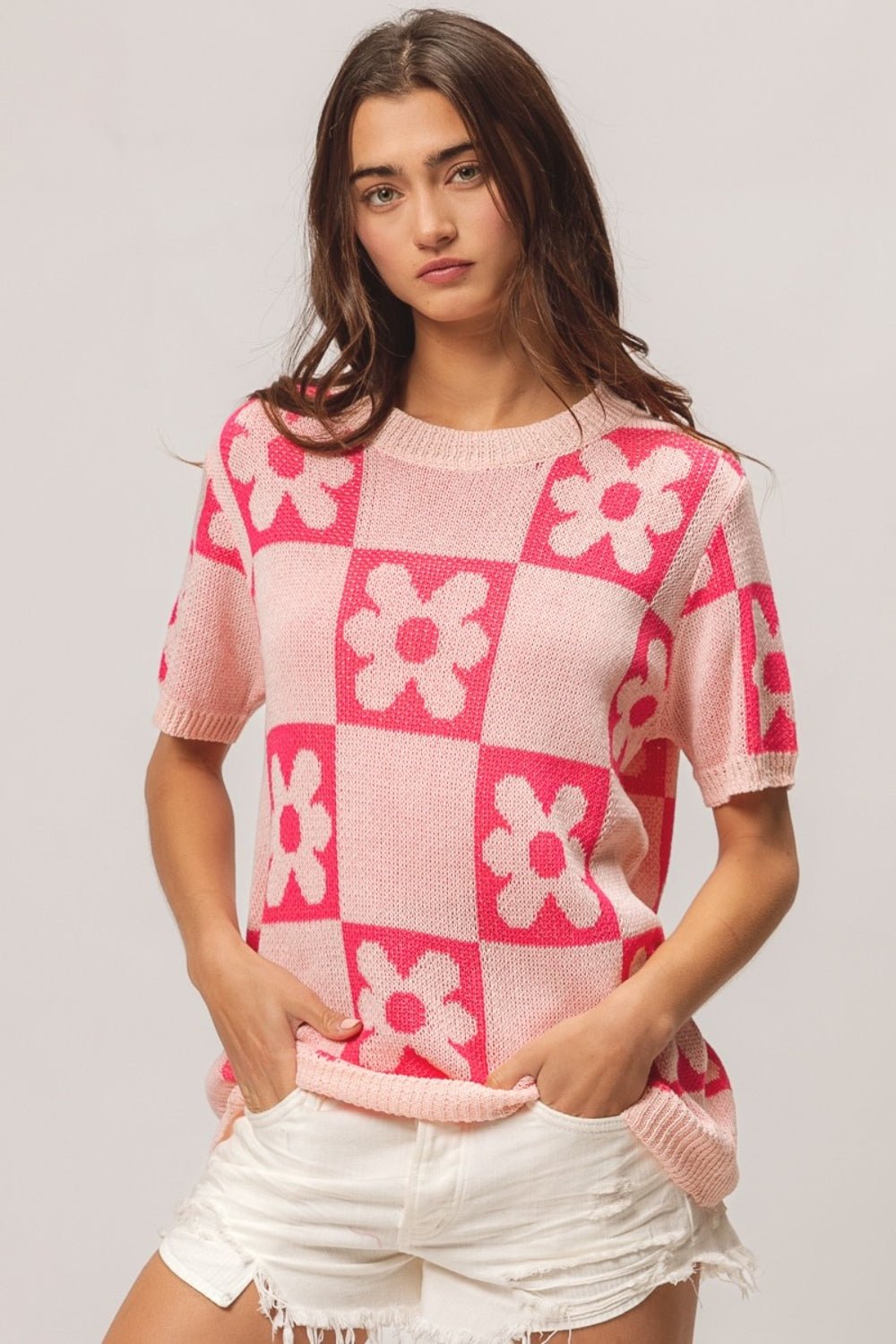 BiBi Flower Checker Pattern Short Sleeve Sweater - Loulou Boutique