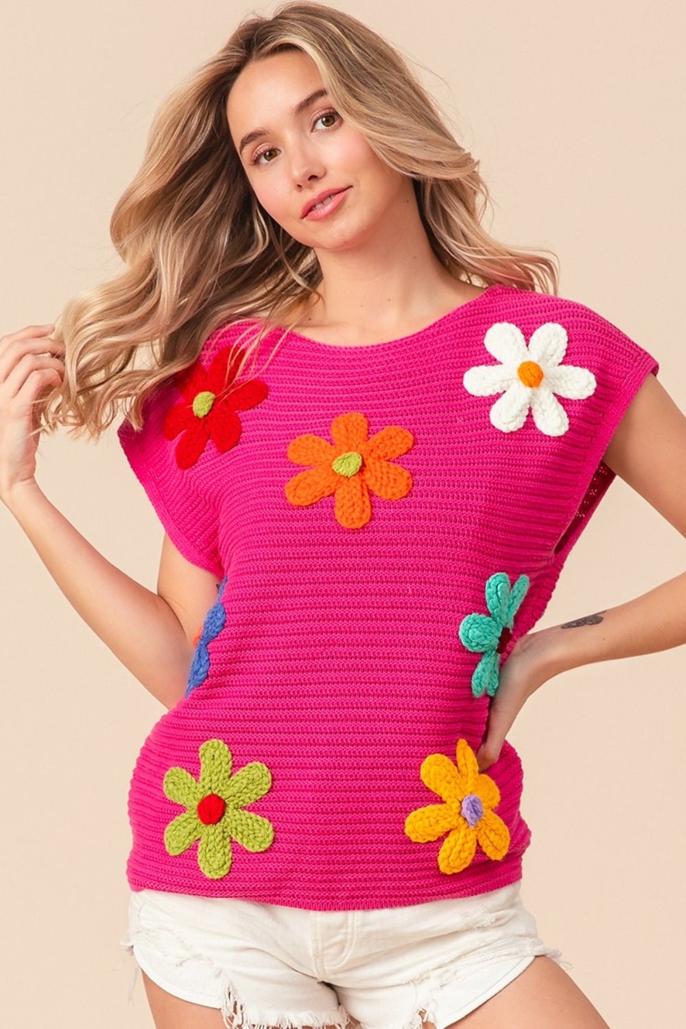 BiBi Flower Round Neck Cap Sleeve Knit Top - Loulou Boutique