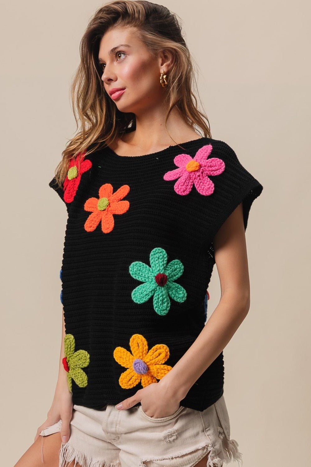 BiBi Flower Round Neck Cap Sleeve Knit Top - Loulou Boutique