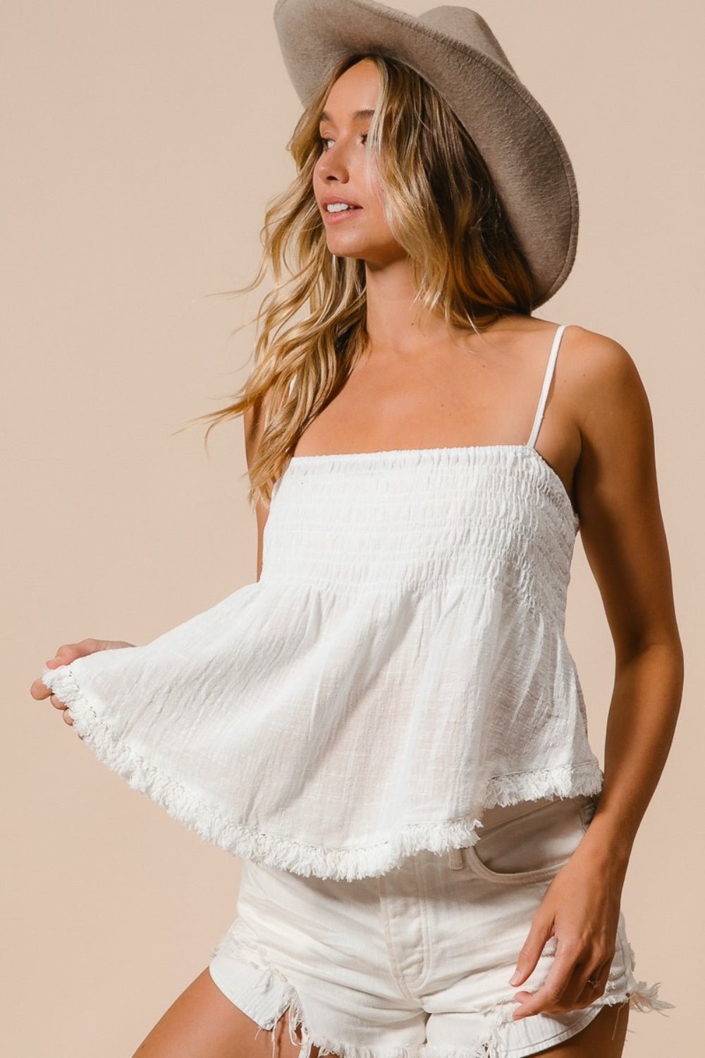 BiBi Fringed Hem Smocked Cami - Loulou Boutique