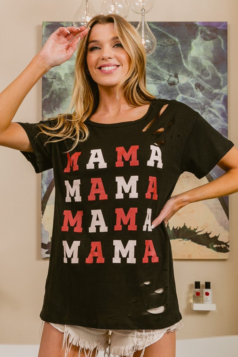 BiBi MAMA Graphic Distressed Short Sleeve T-Shirt - Loulou Boutique