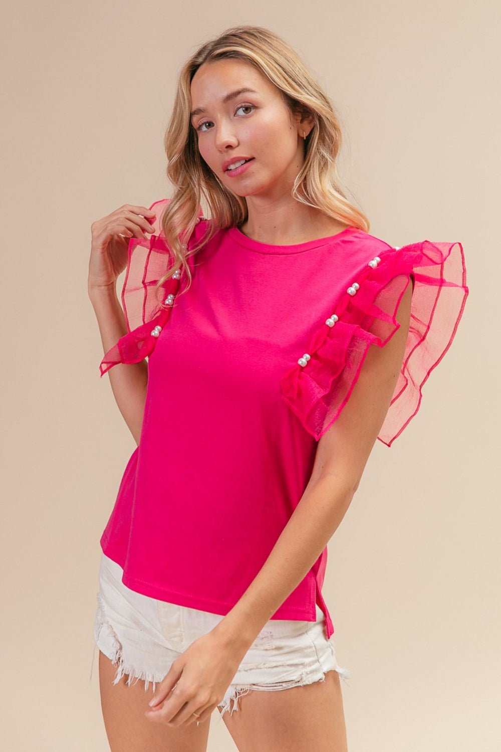 BiBi Pearl Decor Mesh Ruffle Sleeve Top - Loulou Boutique