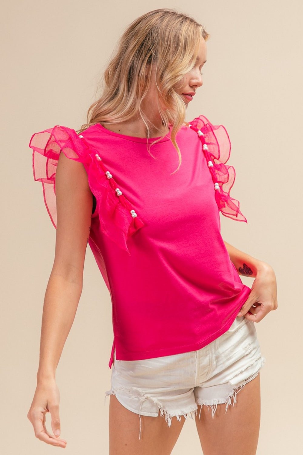 BiBi Pearl Decor Mesh Ruffle Sleeve Top - Loulou Boutique