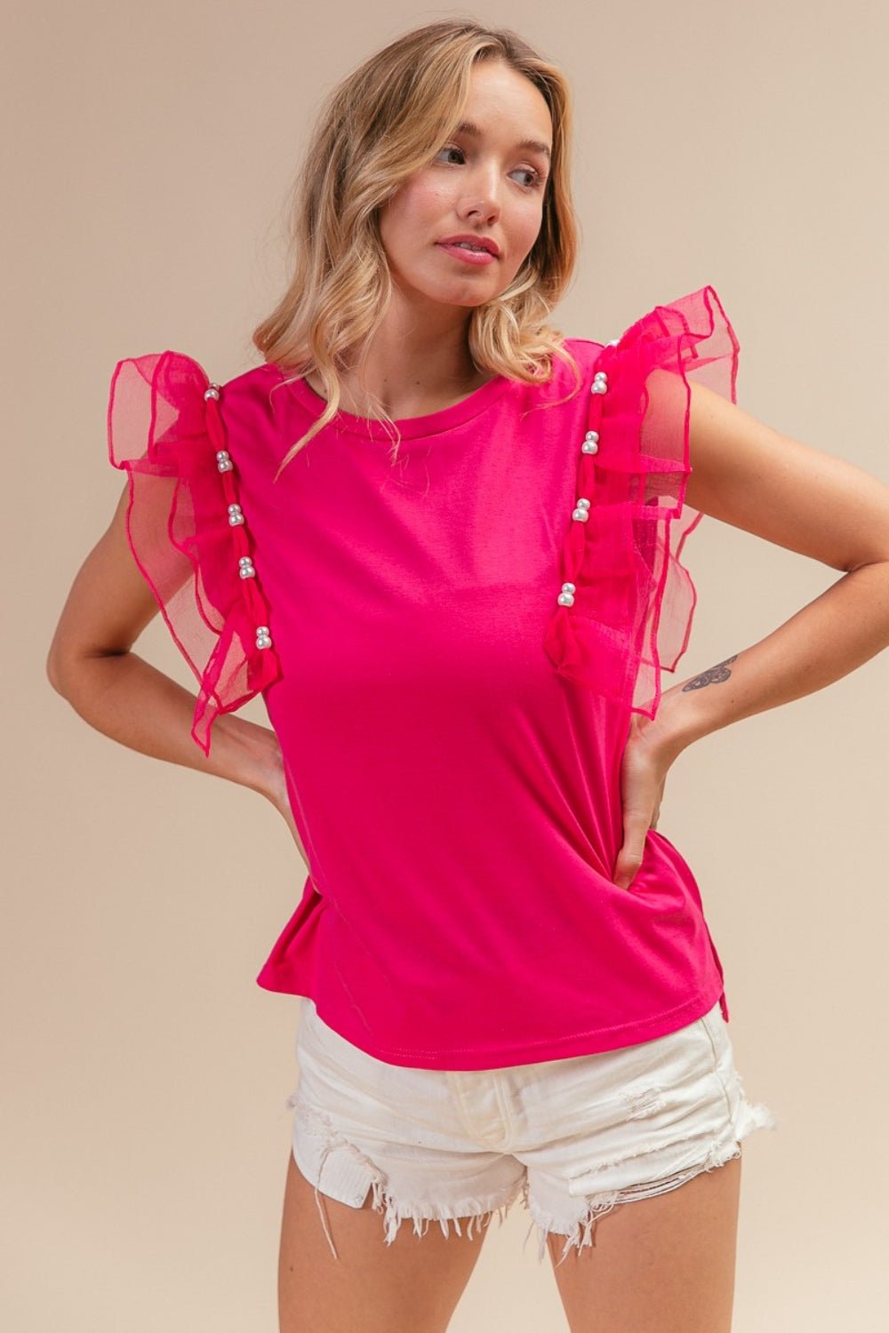 BiBi Pearl Decor Mesh Ruffle Sleeve Top - Loulou Boutique