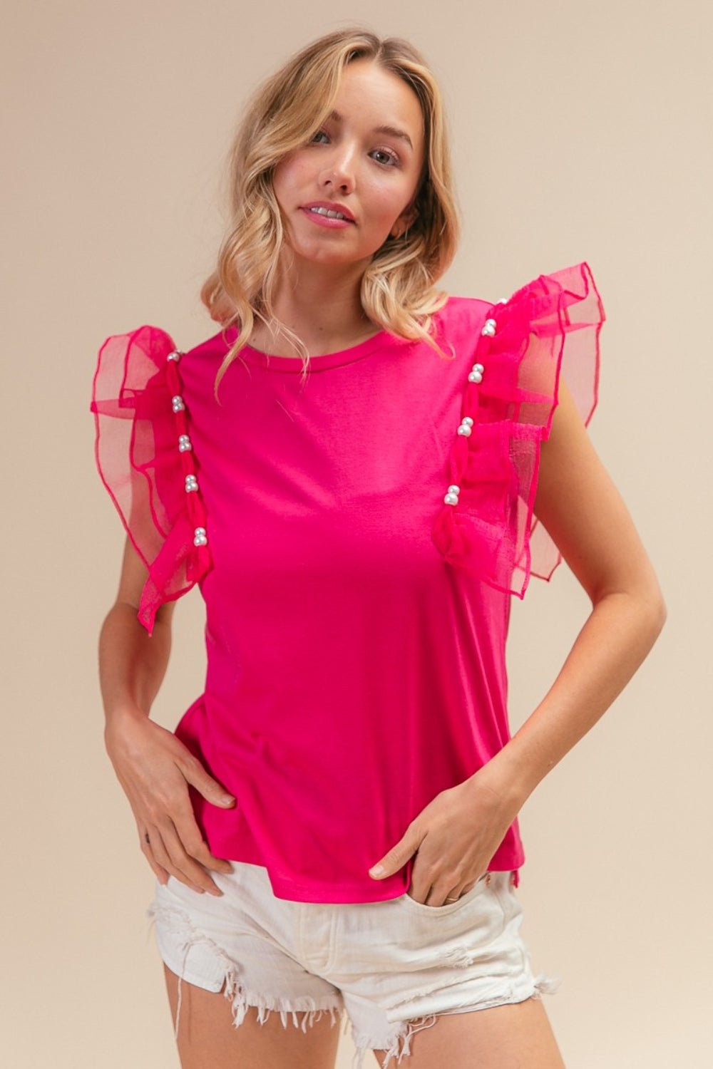 BiBi Pearl Decor Mesh Ruffle Sleeve Top - Loulou Boutique