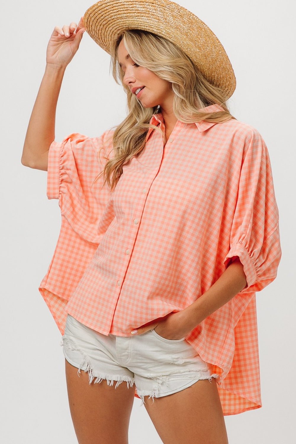 BiBi Plaid Button Up Dolman Sleeve Shirt - Loulou Boutique