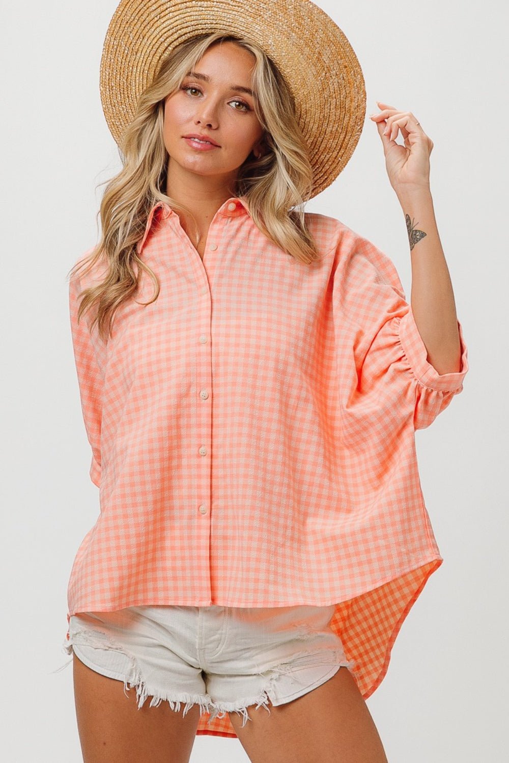 BiBi Plaid Button Up Dolman Sleeve Shirt - Loulou Boutique