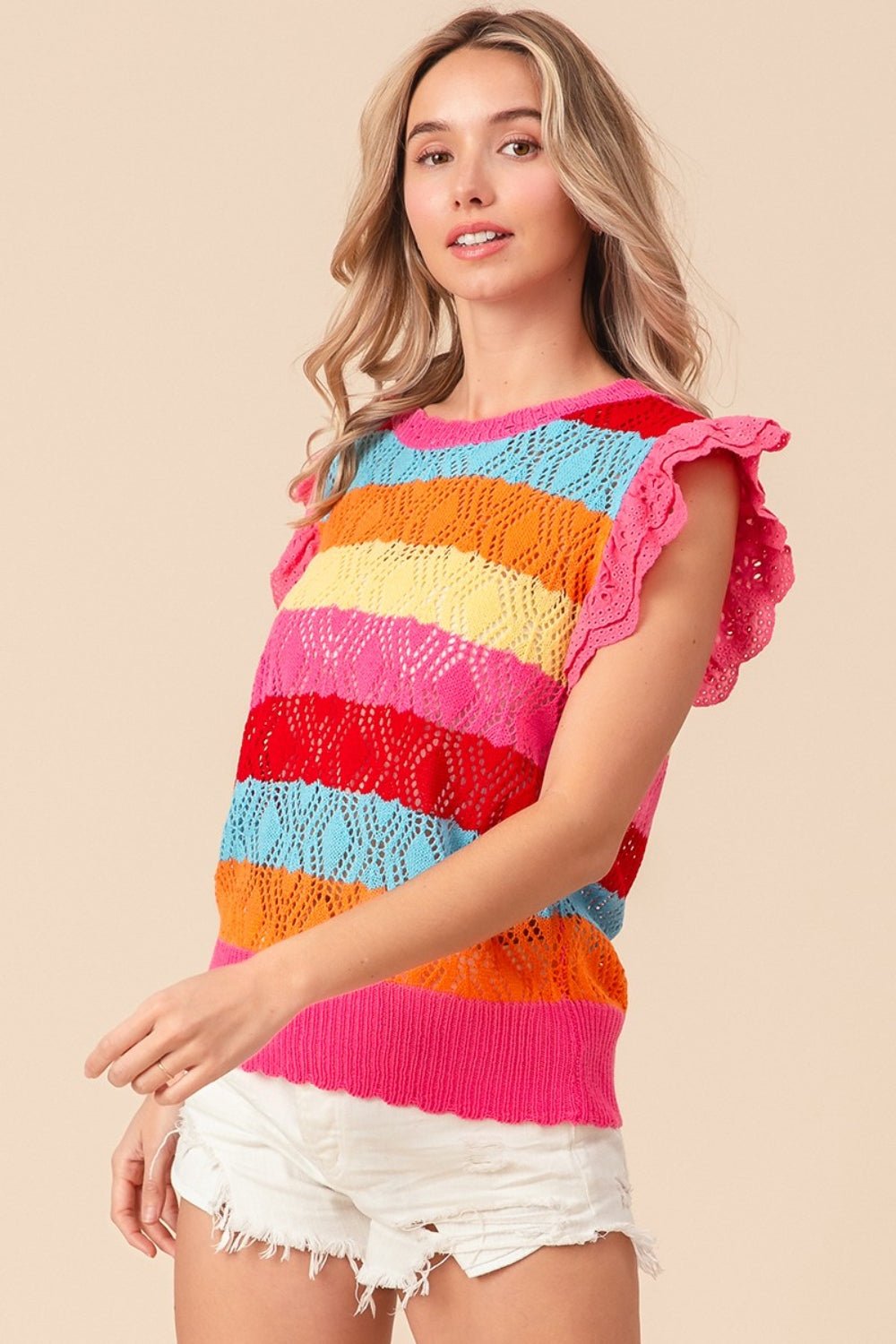 BiBi Pointelle Striped Ruffled Knit Top - Loulou Boutique