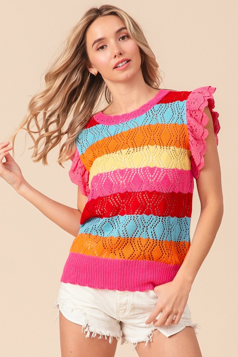 BiBi Pointelle Striped Ruffled Knit Top - Loulou Boutique