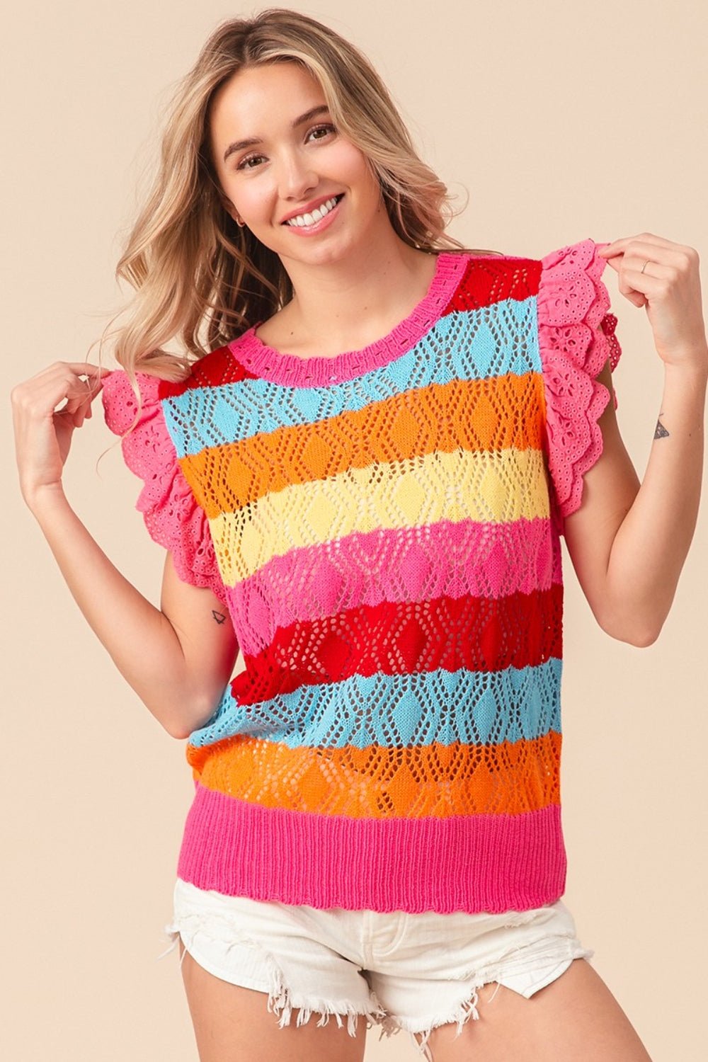 BiBi Pointelle Striped Ruffled Knit Top - Loulou Boutique