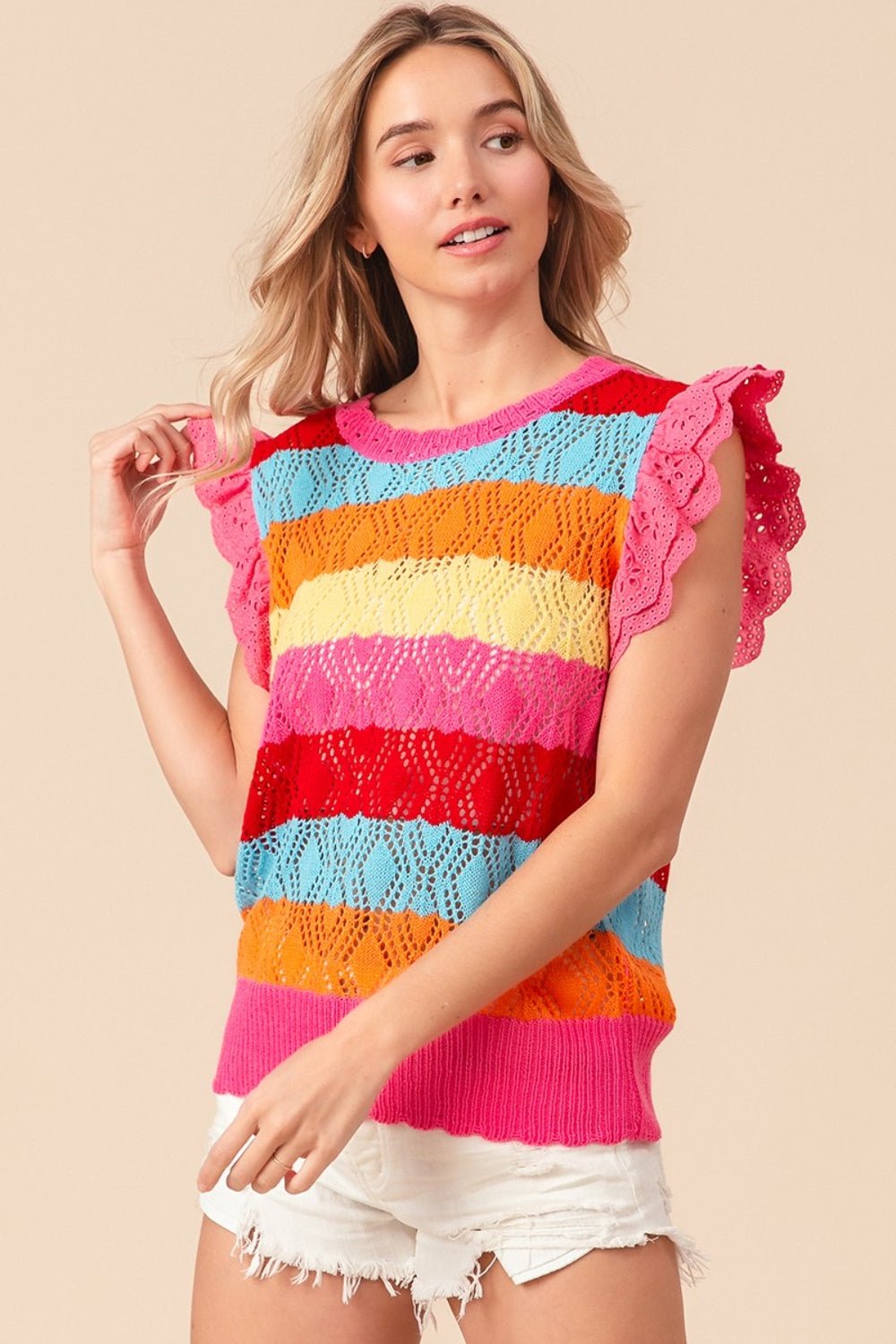 BiBi Pointelle Striped Ruffled Knit Top - Loulou Boutique