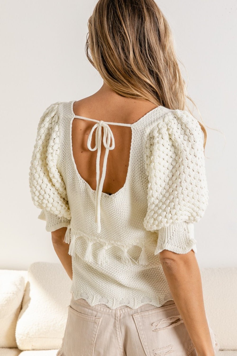 BiBi Tassel Detail Textured Square Neck Sweater - Loulou Boutique