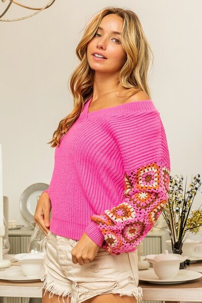 BiBi V-Neck Crochet Long Sleeve Sweater - Loulou Boutique