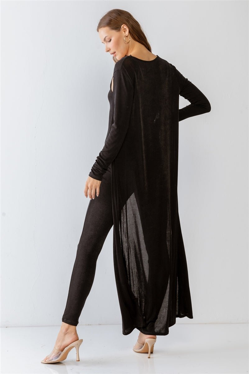 Black Sleeveless Cut-out Detail Slim Fit Jumpsuit & Open Front Long Sleeve Cardigan Set - Loulou Boutique