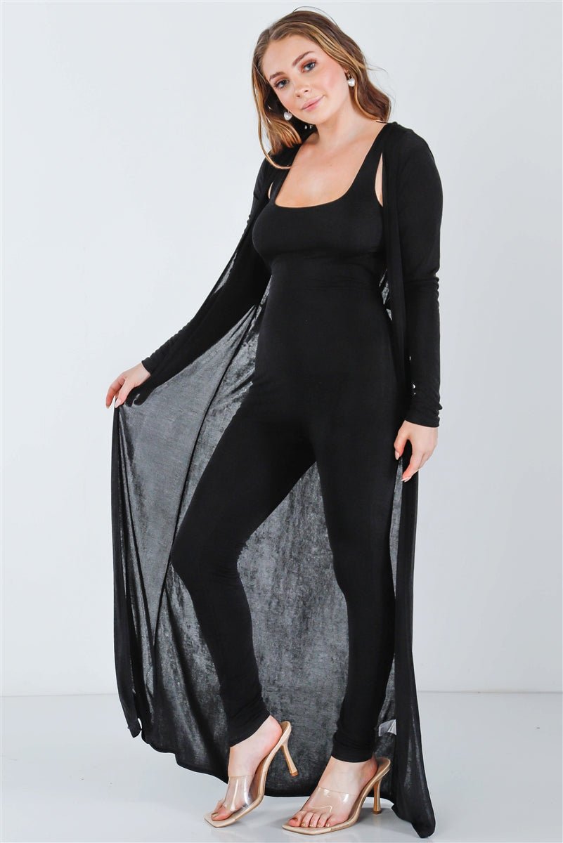 Black Sleeveless Cut-out Detail Slim Fit Jumpsuit & Open Front Long Sleeve Cardigan Set - Loulou Boutique