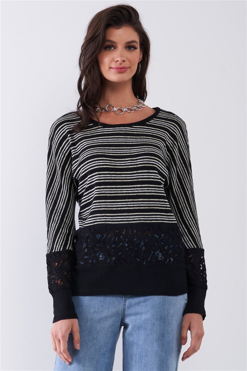 Black Striped Glitter Weave Crochet Trim Detail Long Sleeve Sweater Top - Loulou Boutique