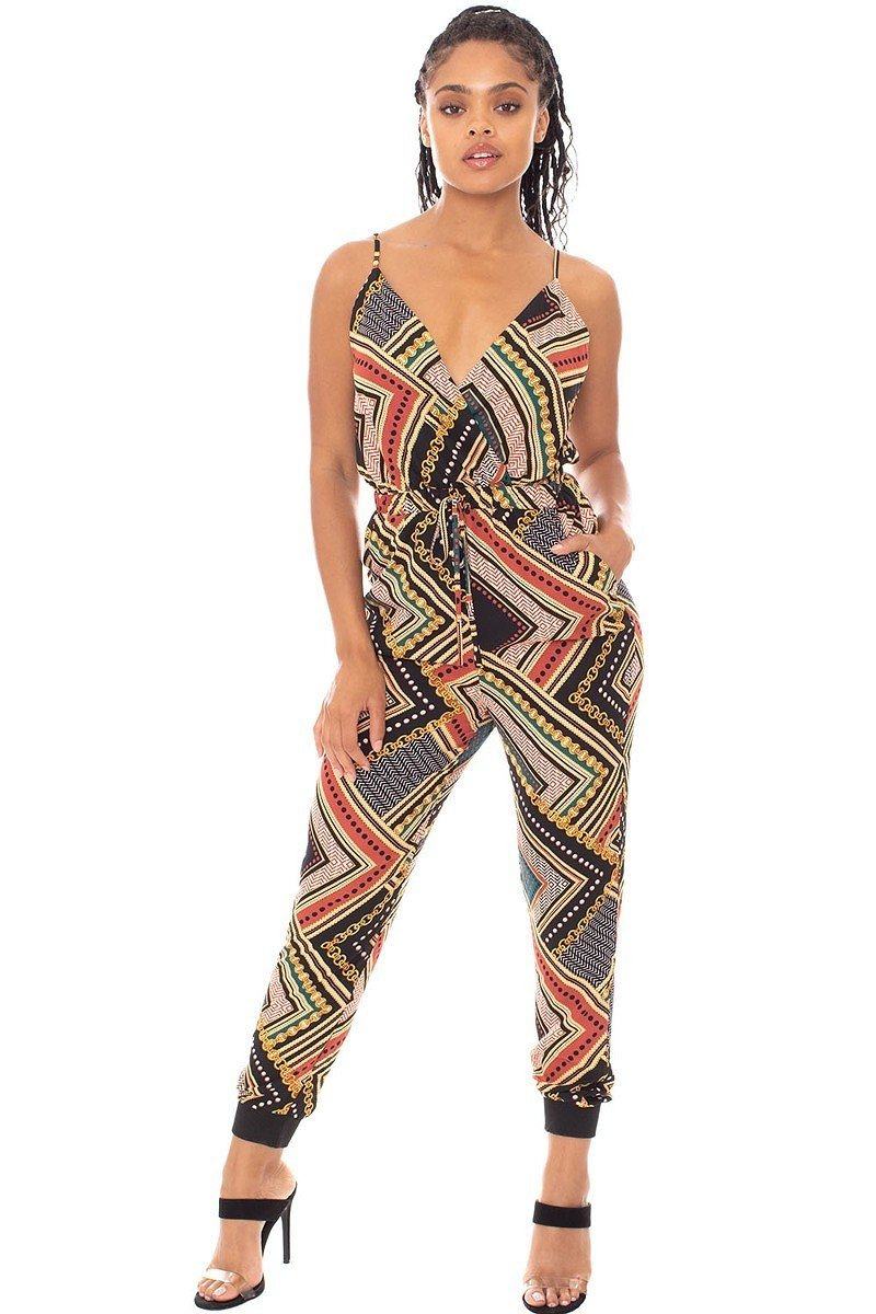 Boarder Print Wrap Drawstring Waist Jumpsuit - Loulou Boutique