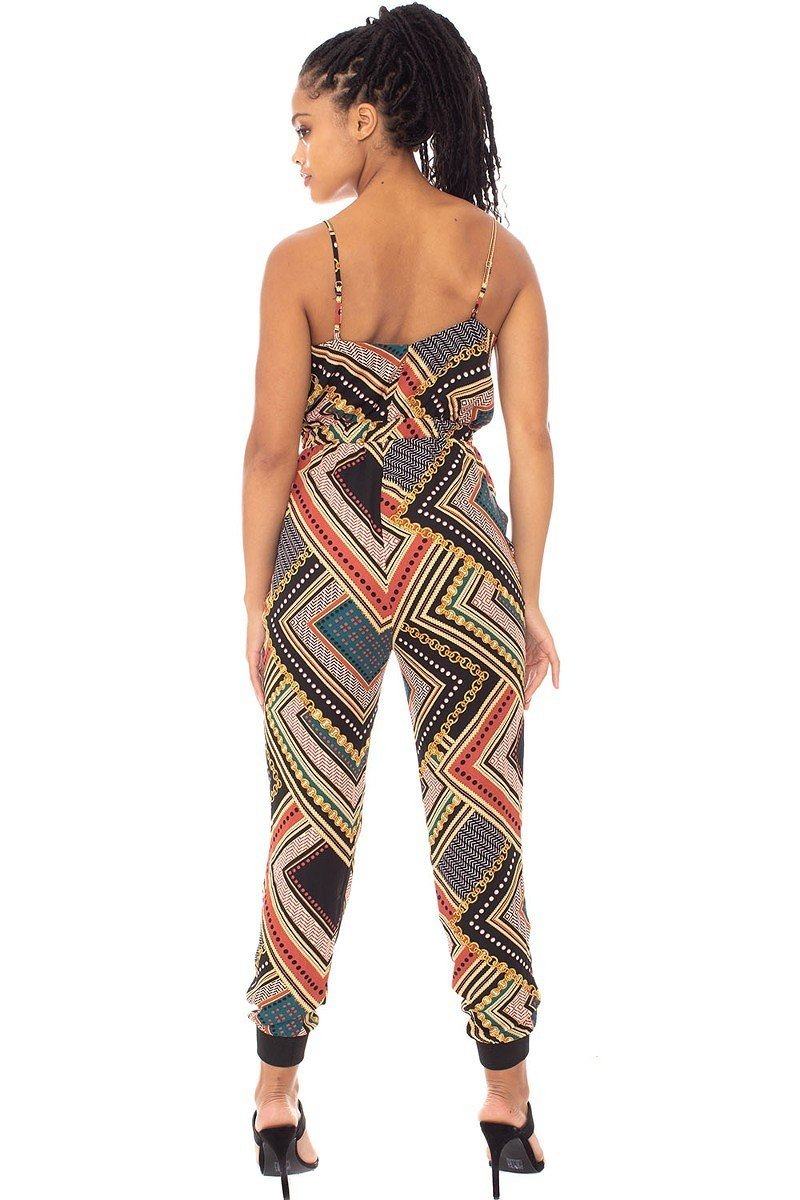 Boarder Print Wrap Drawstring Waist Jumpsuit - Loulou Boutique