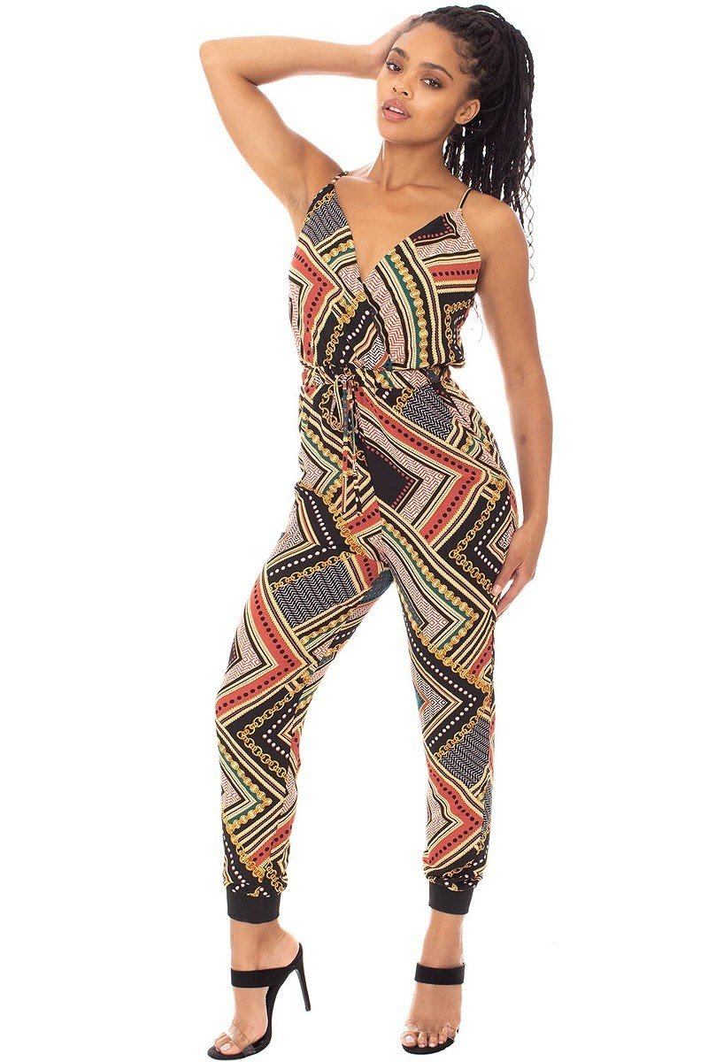 Boarder Print Wrap Drawstring Waist Jumpsuit - Loulou Boutique