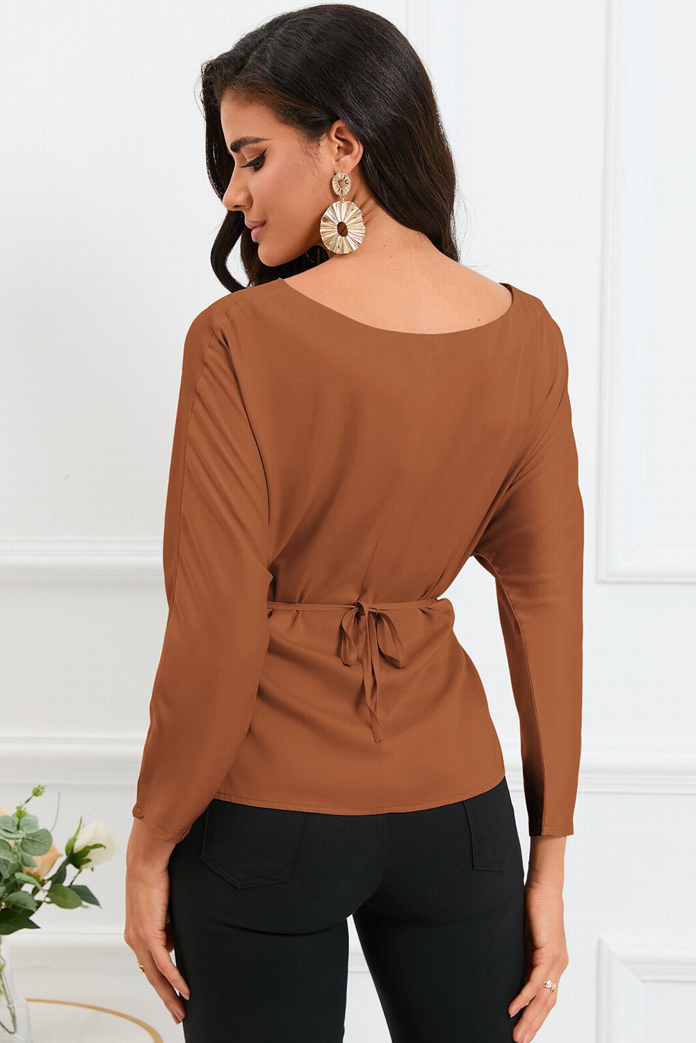 Boat Neck Back Tie Long Sleeve Satin Blouse - Loulou Boutique