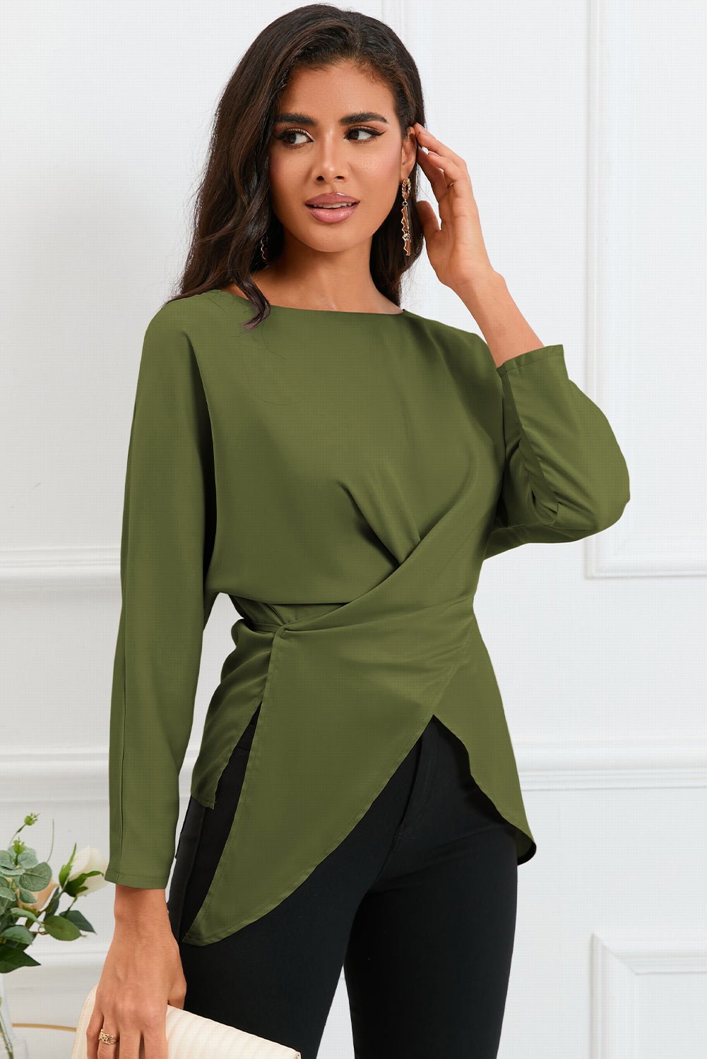 Boat Neck Back Tie Long Sleeve Satin Blouse - Loulou Boutique