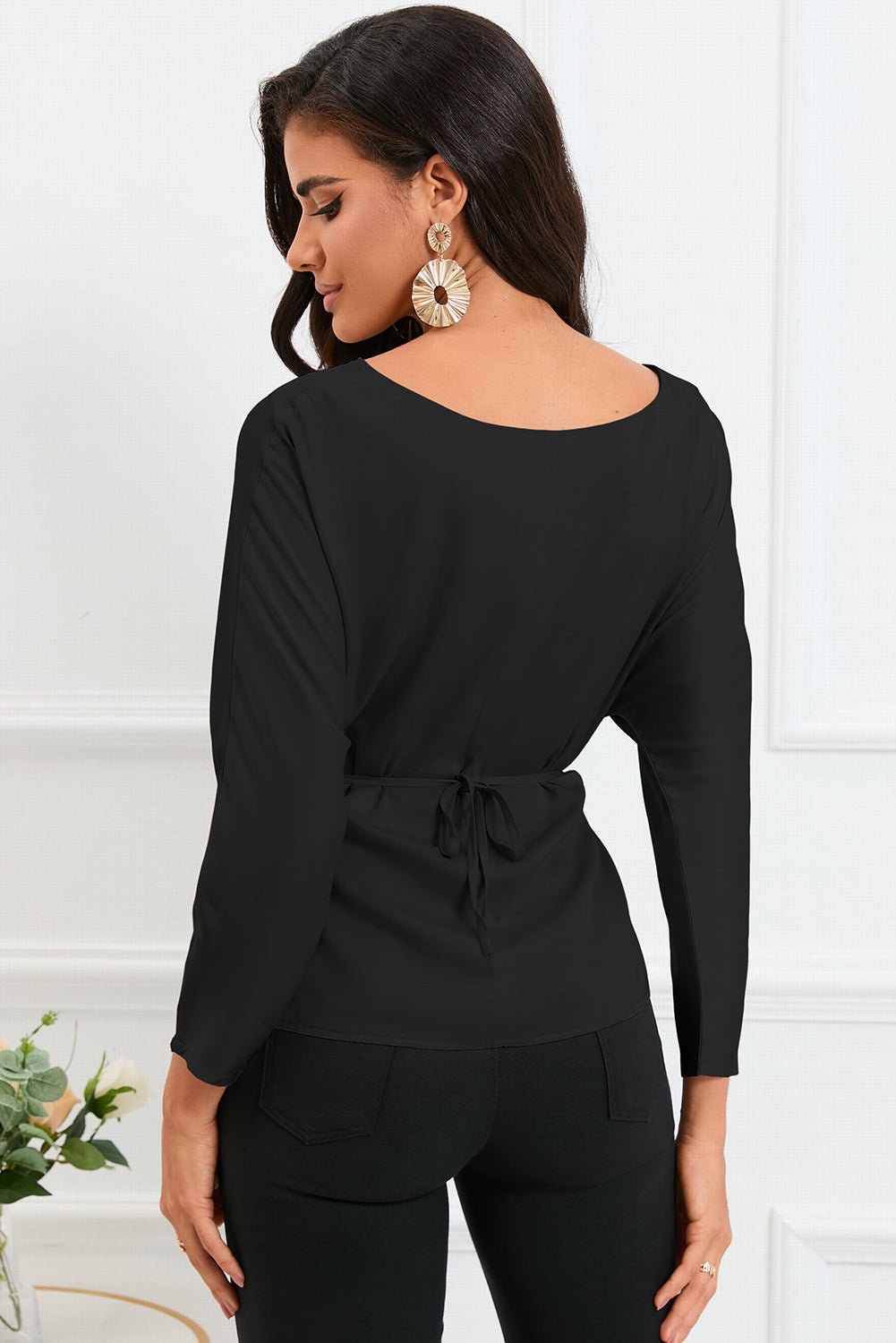 Boat Neck Back Tie Long Sleeve Satin Blouse - Loulou Boutique