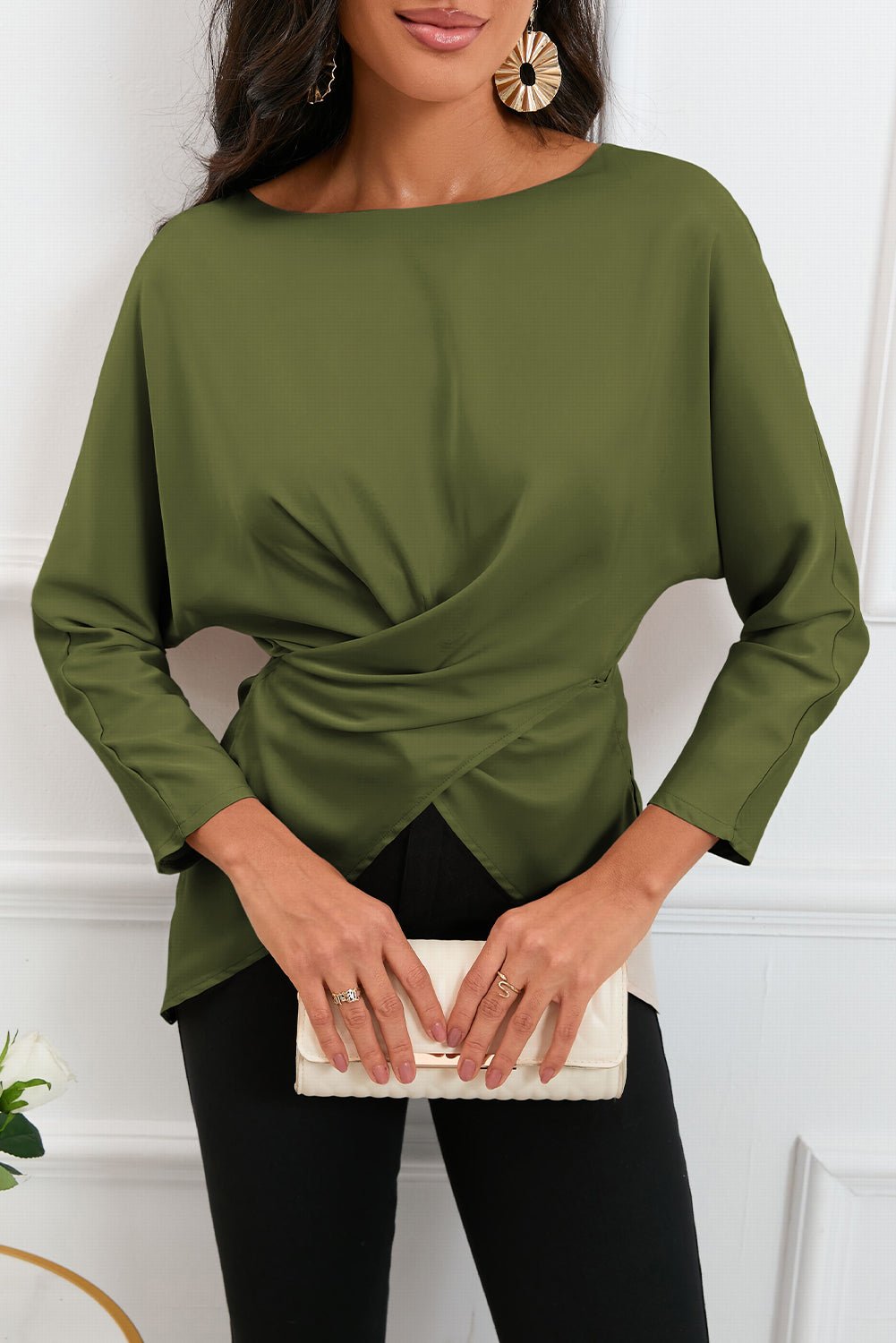 Boat Neck Back Tie Long Sleeve Satin Blouse - Loulou Boutique