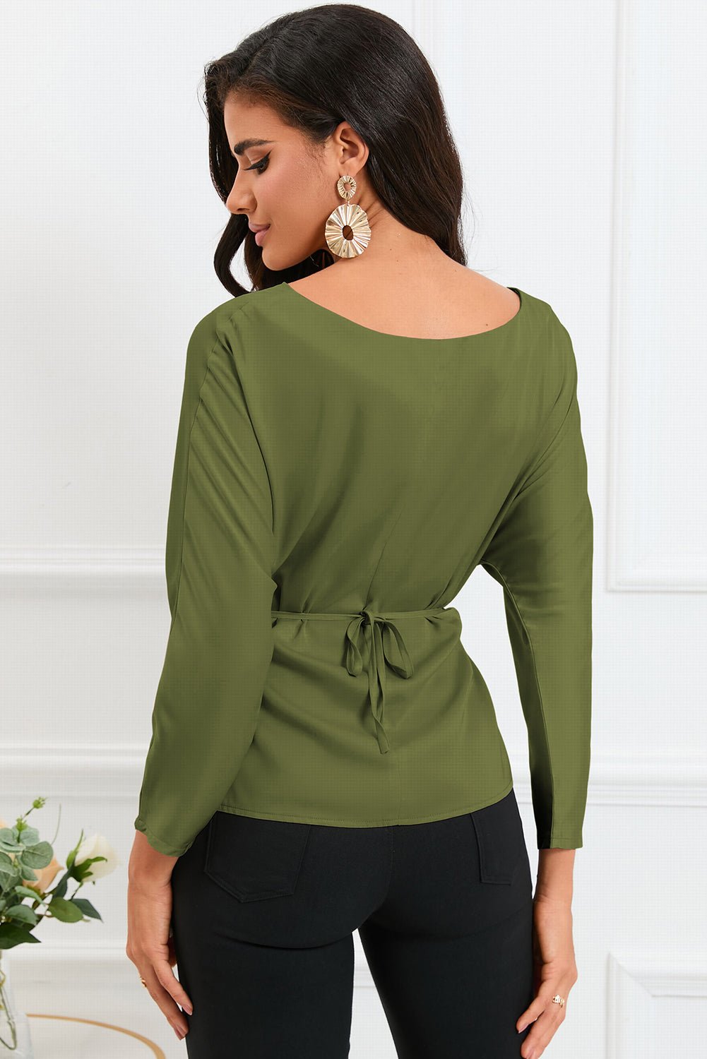 Boat Neck Back Tie Long Sleeve Satin Blouse - Loulou Boutique