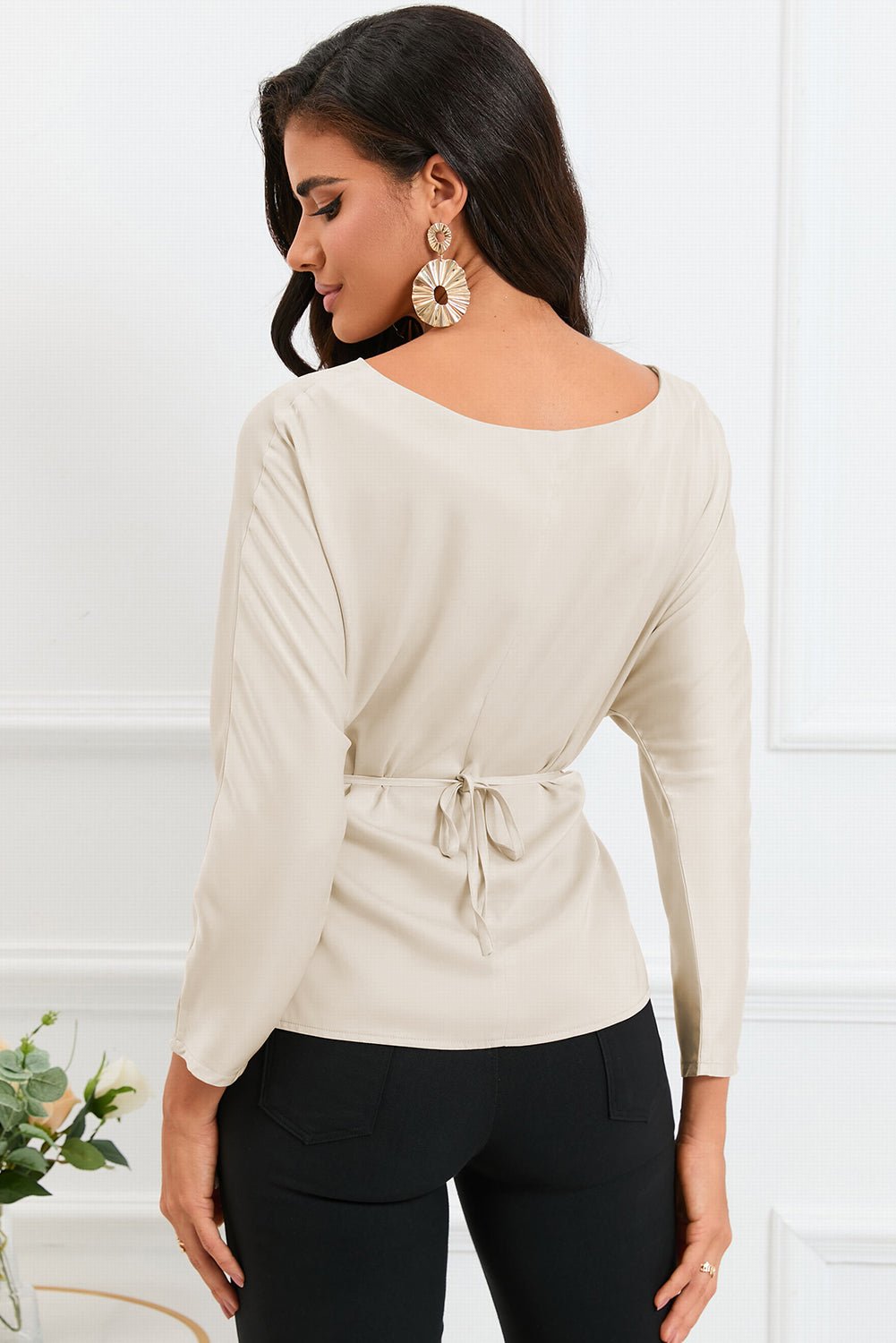 Boat Neck Back Tie Long Sleeve Satin Blouse - Loulou Boutique