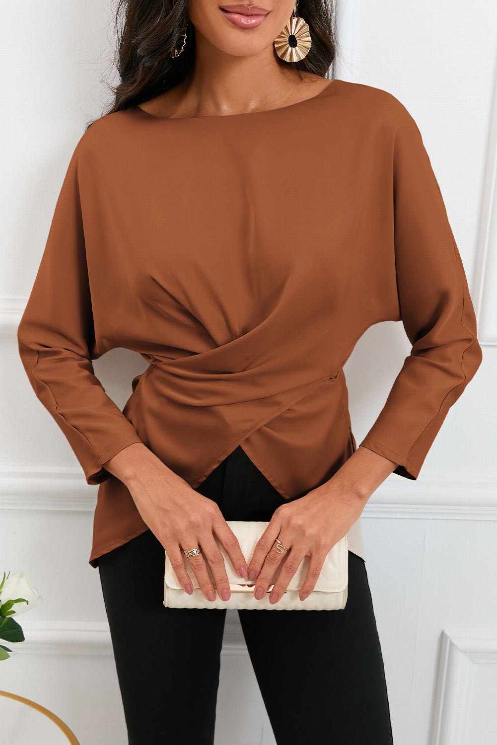 Boat Neck Back Tie Long Sleeve Satin Blouse - Loulou Boutique