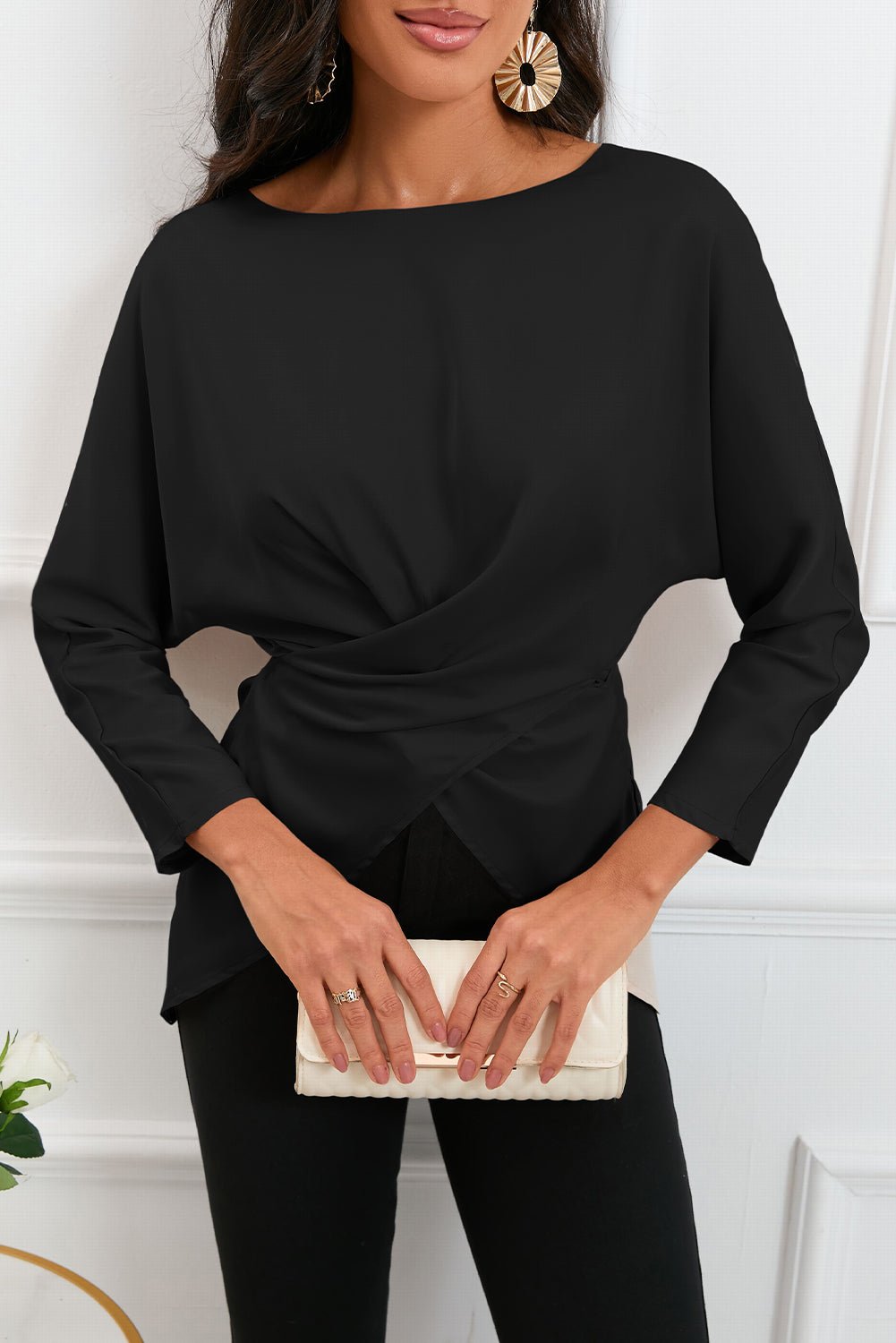 Boat Neck Back Tie Long Sleeve Satin Blouse - Loulou Boutique