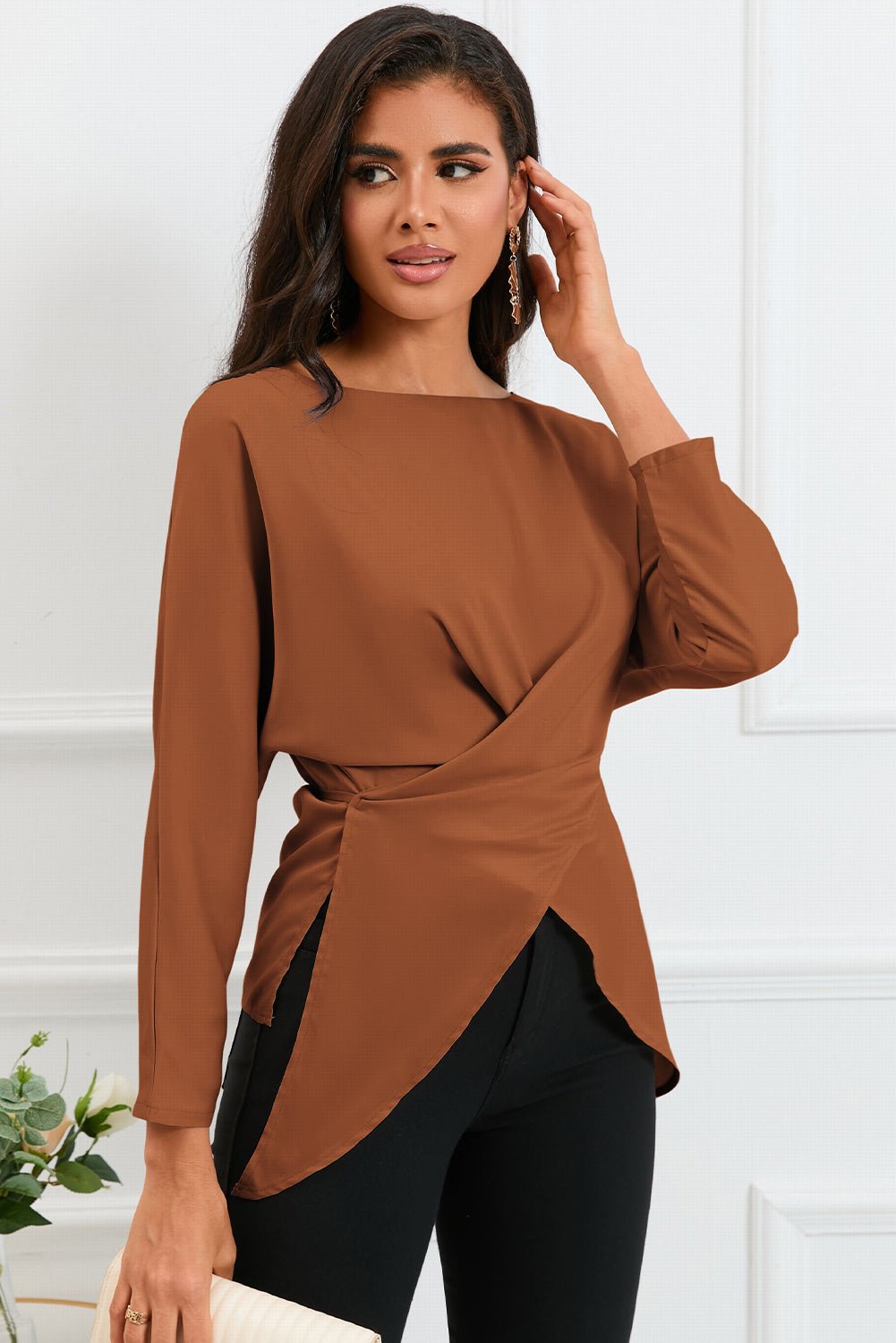 Boat Neck Back Tie Long Sleeve Satin Blouse - Loulou Boutique