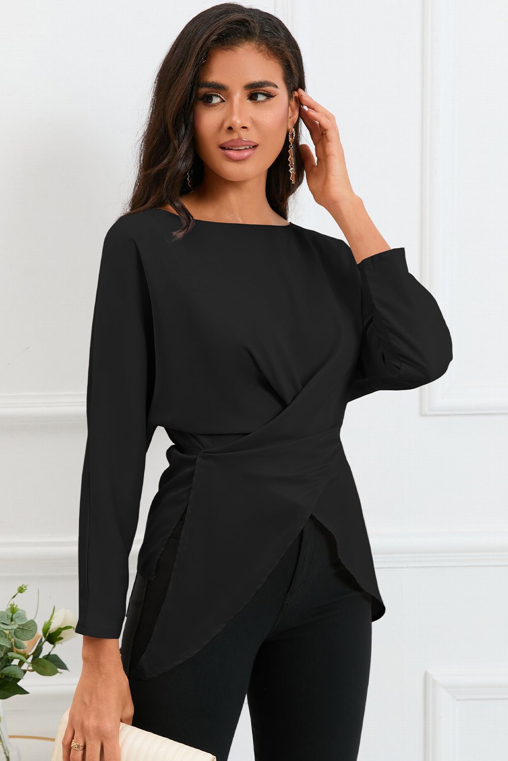 Boat Neck Back Tie Long Sleeve Satin Blouse - Loulou Boutique