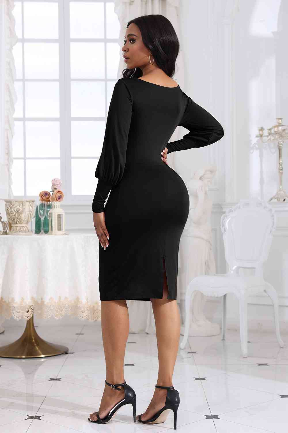 Boat Neck Lantern Sleeve Dress - Loulou Boutique