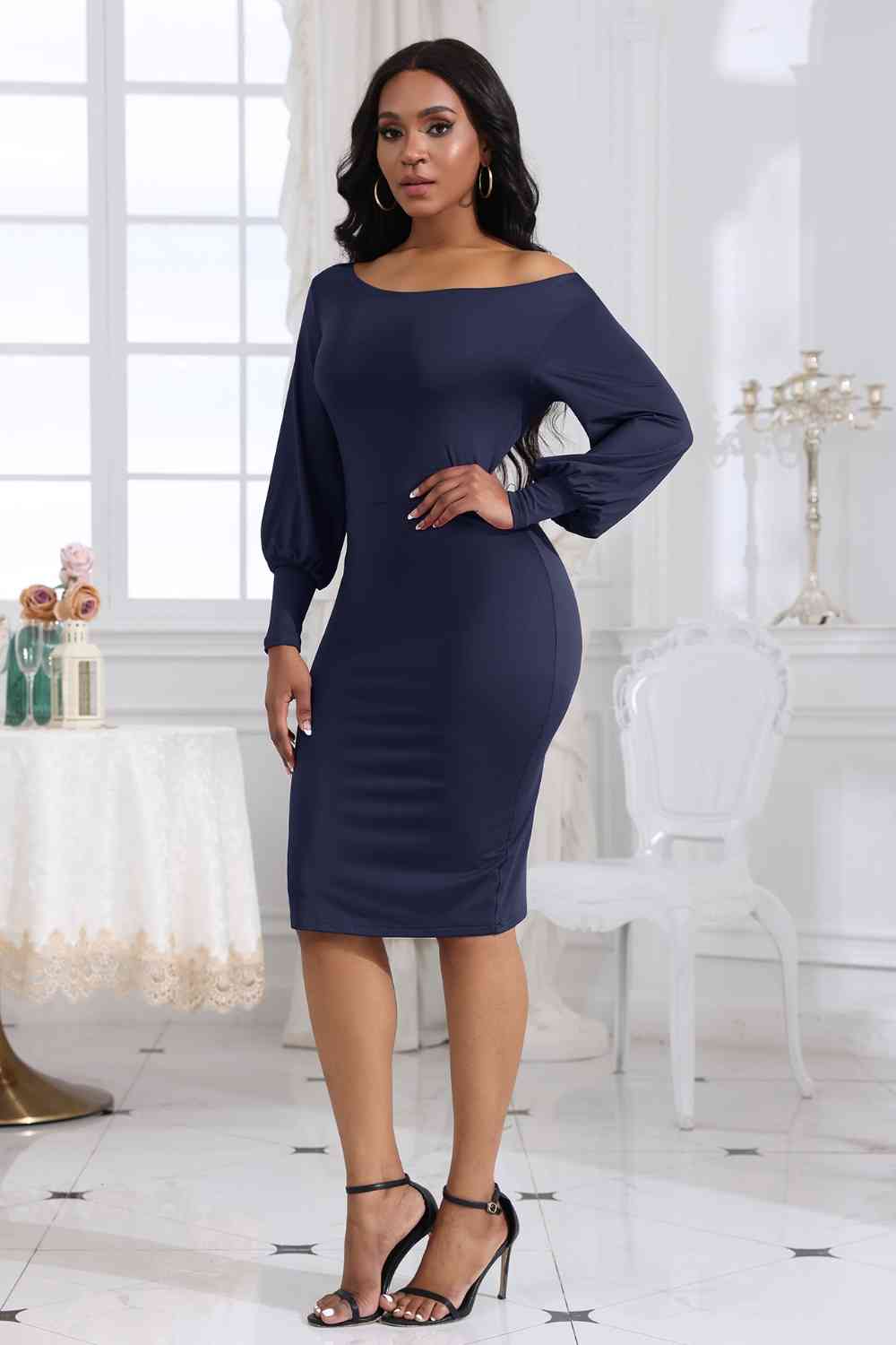 Boat Neck Lantern Sleeve Dress - Loulou Boutique