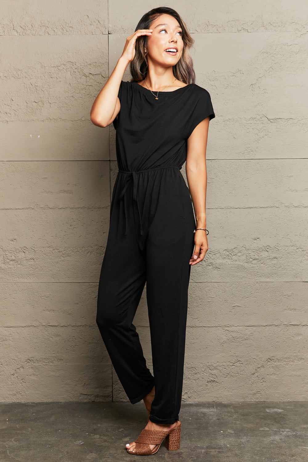 Boat Neck Short Sleeve Jumpsuit with Pockets - Loulou Boutique