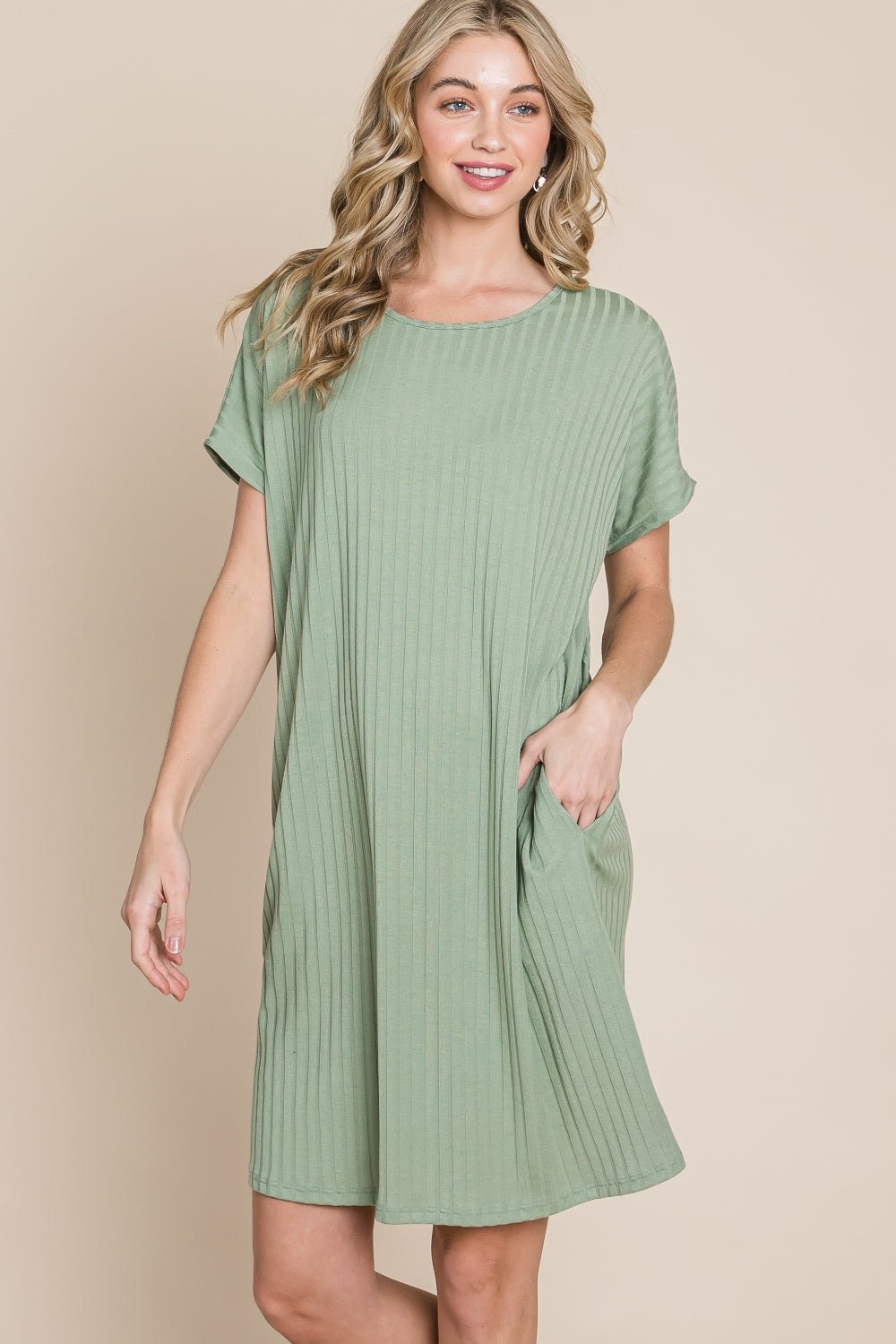 BOMBOM Ribbed Round Neck Short Sleeve Dress - Loulou Boutique
