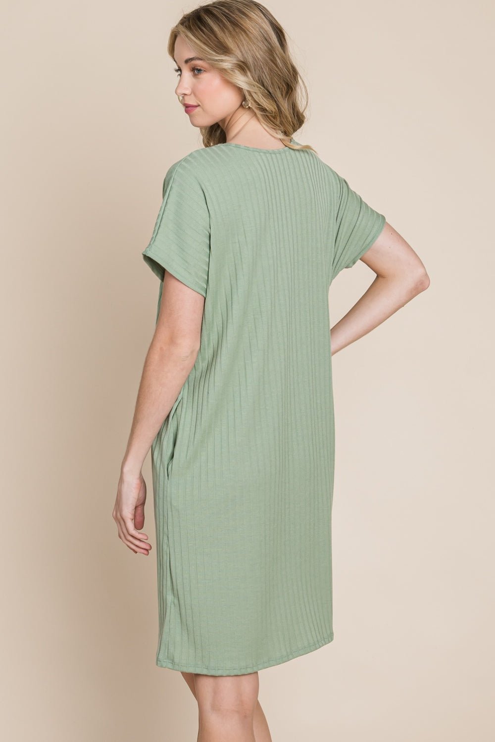 BOMBOM Ribbed Round Neck Short Sleeve Dress - Loulou Boutique