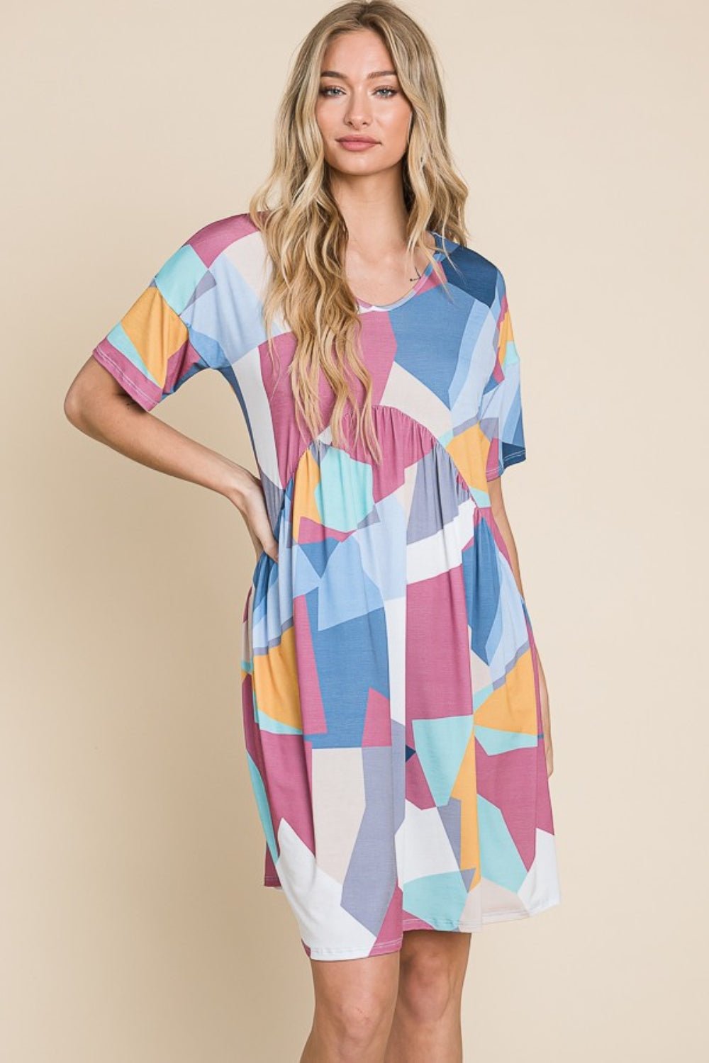 BOMBOM Ruched Color Block Short Sleeve Dress - Loulou Boutique