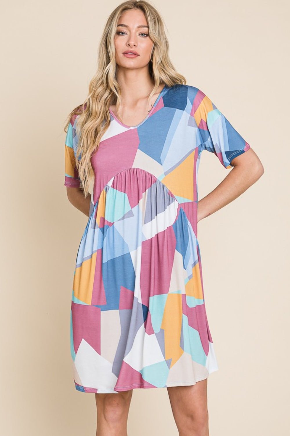 BOMBOM Ruched Color Block Short Sleeve Dress - Loulou Boutique